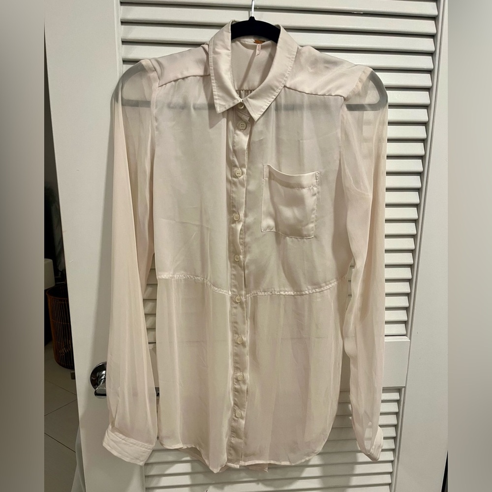Free People Silky Sheer Cream Tailcoat Button Down Shirt